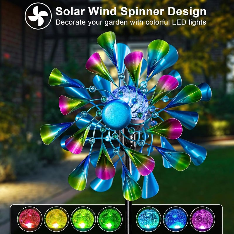 MXwcy 60'' Wind Spinner with Color Glass Ball Solar Lights, Green Peacock Feathers Metal Garden Outdoor Decor Yard Lawn Art Decor for Patio Kinetic Windmills Unique Gifts for Friends and Family - Image 2